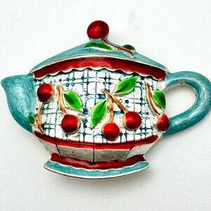Vintage Enamel Teapot Brooch Pin Cherry Design 1.75" Collectible Retro Jewelry